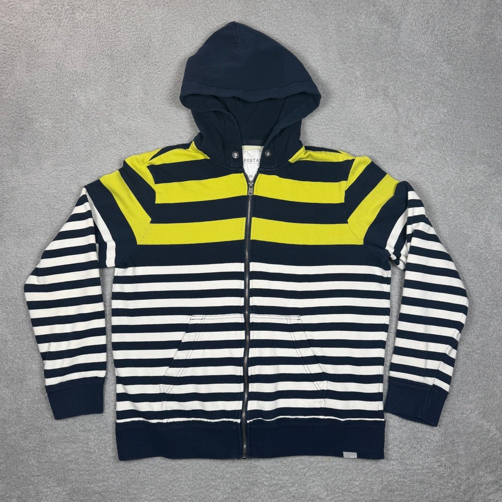 VTG Y2K Aeropostale Mens XL Striped Full Zip Hoodie Navy Blue White Green Fleece